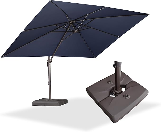 PURPLE LEAF 9' X 11.5' Rectangle Cantilever Umbrella with Base Patio Umbrella Outdoor Aluminum Antique Bronze Offset Hanging Umbrella with 360-degree Rotation for Pool Garden Backyard Deck, Navy Blue