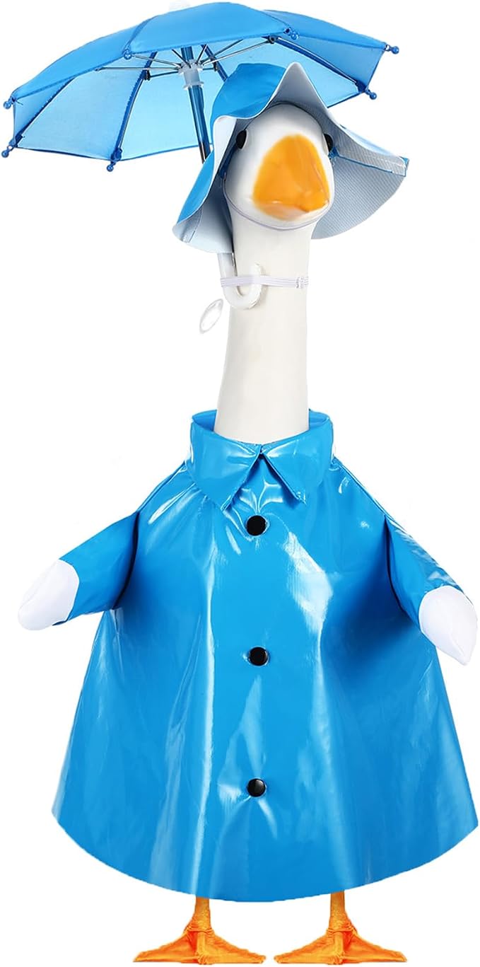 FuWeave Summer Baby Goose Outfit Raincoat and Umbrella for 17'' Lawn Porch Baby Goose Costume Plastic Raincoat Clothes for Summer Spring Outdoor Patio Yard Lawn Decoration(Blue)