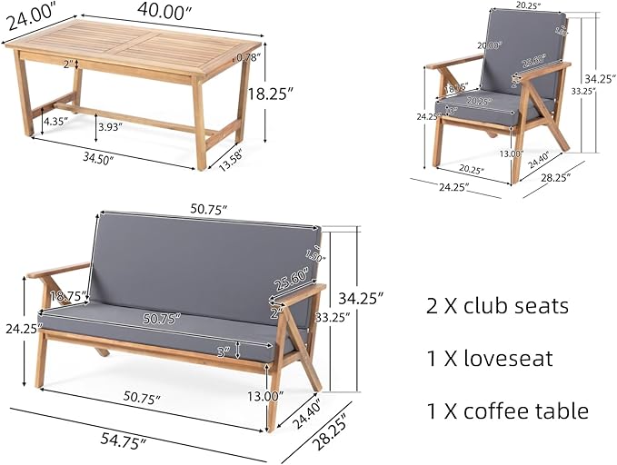 Merax 4 Piece Acacia Wood Patio Conversation Table and Chairs Furniture Sets, Outdoor Dining Couch Sofa for Porch Deck Backyard Lawn Balcony Bistro, Brown Grey
