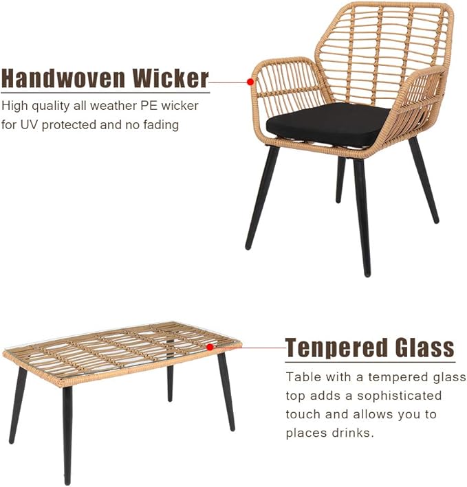 VINGLI 4 Pieces Outdoor Furniture Set Wicker, Rattan Patio Conversation Set with Cushions and Glass Coffee Table, Outdoor Sectional Sofa Set for Garden, Backyard, Poolside