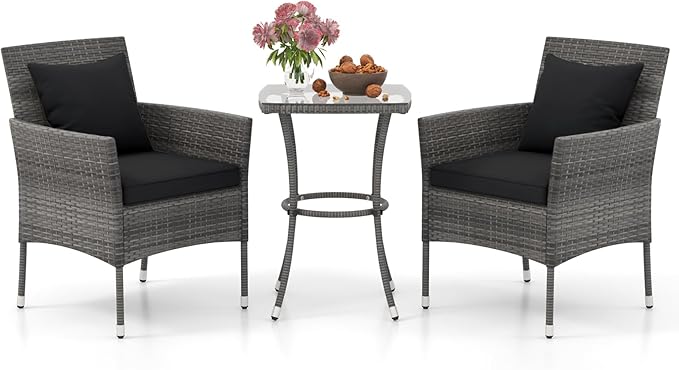 DORTALA Wicker Patio Furniture Set 3 Piece, Small Outdoor Table & Chairs with Tempered Glass Tabletop, Cushions, Rattan Conversation Bistro Set for Balcony, Porch, Backyard, Deck, Mix Gray+Black
