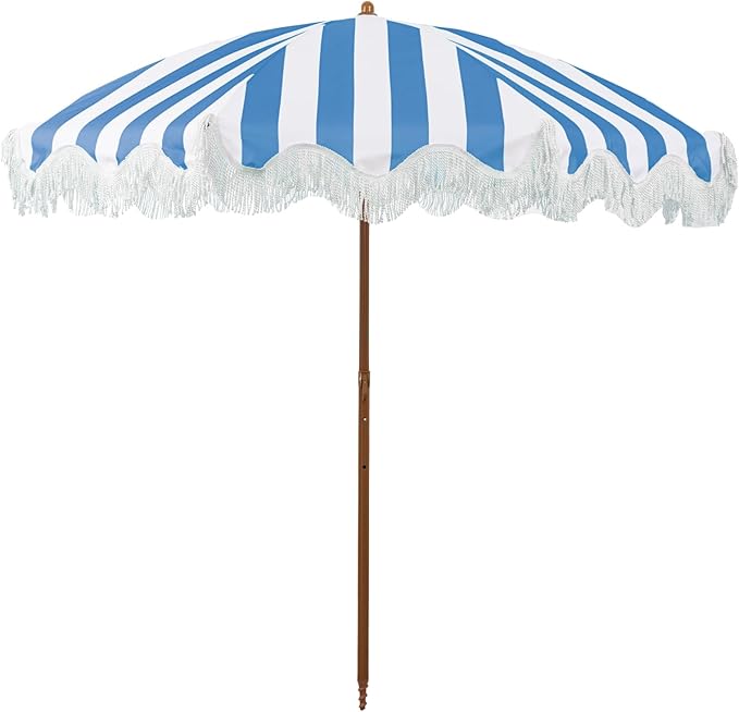 Rayjee 6.5FT Patio Umbrella with Fringe, Portable Boho Beach Umbrella, Tilt & Adjustable Height, 2-Piece Aluminum Pole for Pool, Garden, Deck & Beach