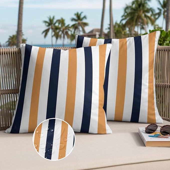 Burnt Orange Navy Blue Striped Waterproof Outdoor Pillow Covers Set of 2 Home Decor, Farmhouse Stripe Art Pillowcase Patio Pillow Covers for Couch Bench Furniture Garden 20x20in