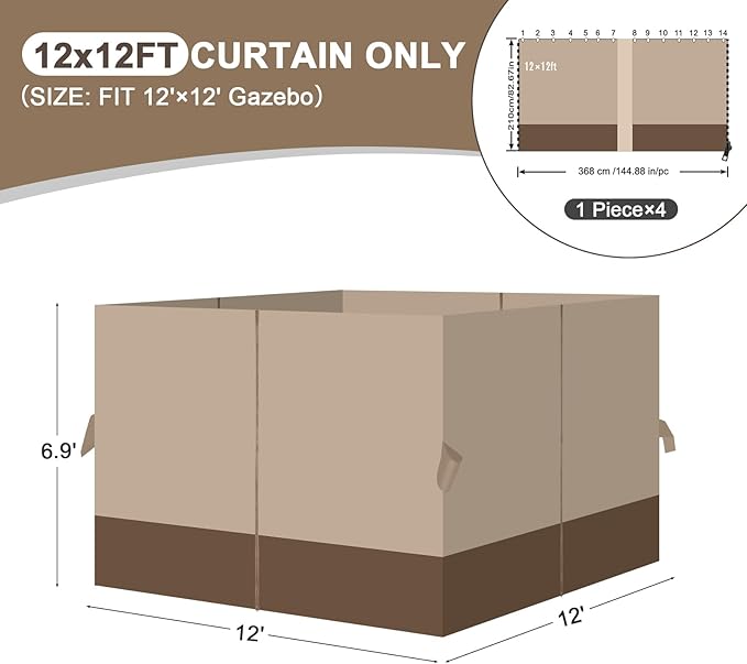 Aoodor 12x12 ft Outdoor Gazebo Curtains, 4 Panels Waterproof Privacy Sidewall Replacement with Zipper for Patio Pergola and Canopy, Sand Yellow and Brown