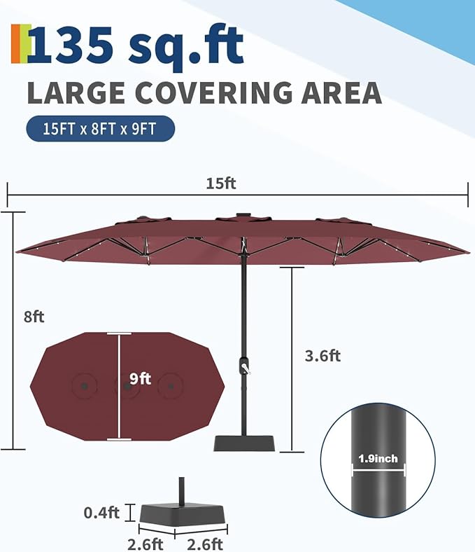 15FT Outdoor Patio Umbrella,Double-Sided Rectangle Market Umbrella with 36 LED Solar Lights & Base,UV50+ Weather-Resistant Oversized Outdoor Umbrella,Crank Lift,3-Way Shade for Pool,Garden,Backyard