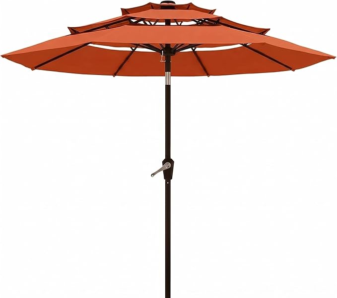 10FT Patio Umbrella 3 Tiers Outdoor Market Umbrella w/Push Button Tilt, Crank, UV and Waterproof Table Umbrella for Garden, Pool, Backyard, Deck, Lawn, Terracotta