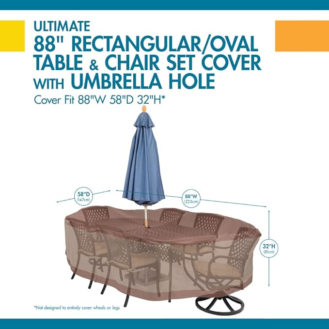 DUCKCOVERS Ultimate Waterproof 88 Inch Rectangular/Oval Patio Table & Chair Set Cover with Umbrella Hole, Outdoor Table Cover
