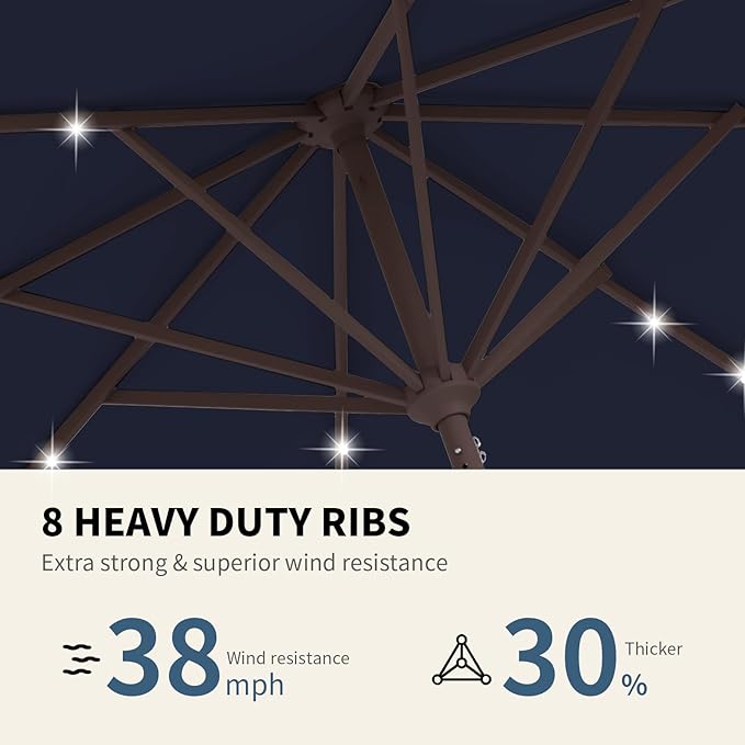 9FT Patio Umbrella with Solar Lights,Outdoor Market Umbrella with Tilt and Crank, LED Lighted Table Umbrella for Garden,Deck,Backyard,Pool,Beach (Navy)