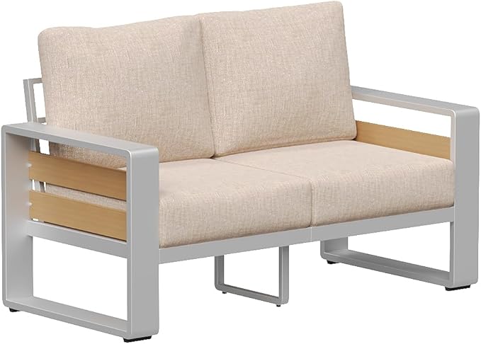 Aoxun Aluminum Outdoor Patio Furniture Set, 2 Seats Metal Sectional Patio Furniture, Modern Outside Sectional Set for Backyard, Love Seat Sofa ×1, Silver & Beige