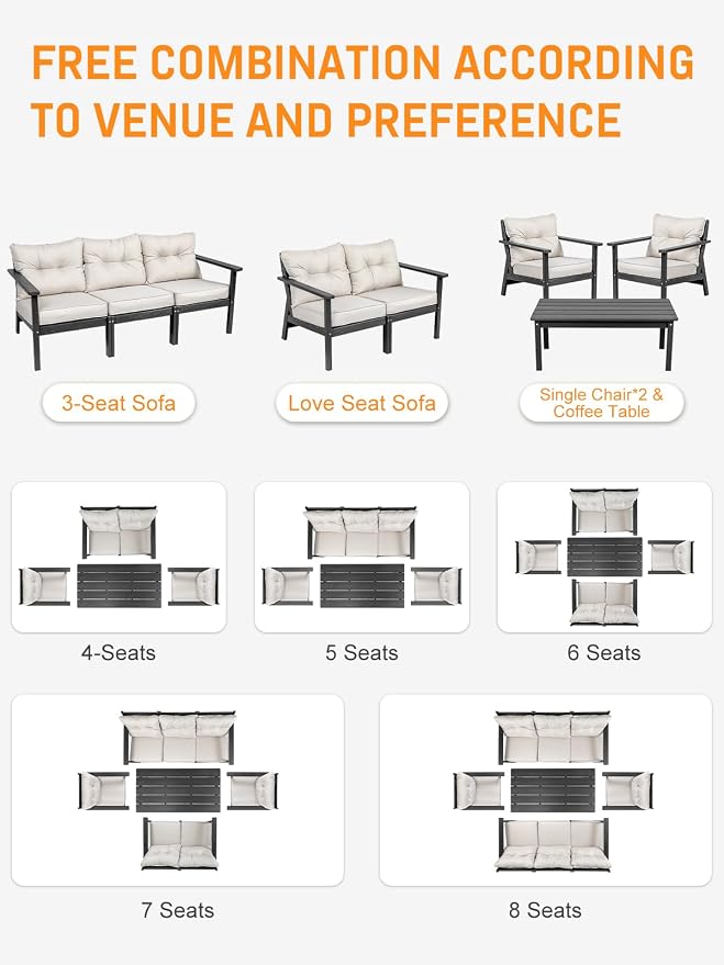 HDPE Patio Conversation Set 7 Seats, Outdoor Furniture Set, Patio Sofa Set | Water-Resistant Thick Cushion, HDPE All Weather, Wood-Grain, No Rot or Rust or Crack, UV Fade Shield, Easy-Clean for Outside