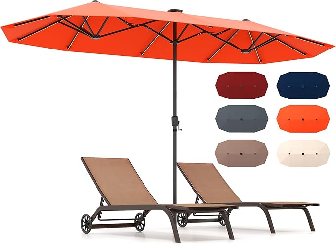 HAPPYGRILL 13 FT Double-sided Patio Umbrella with Solar Lights, Crank Handle & 12 Heavy-Duty Ribs, Outdoor Twin Size Oversized Rectangle Market Umbrella for Garden Deck Poolside