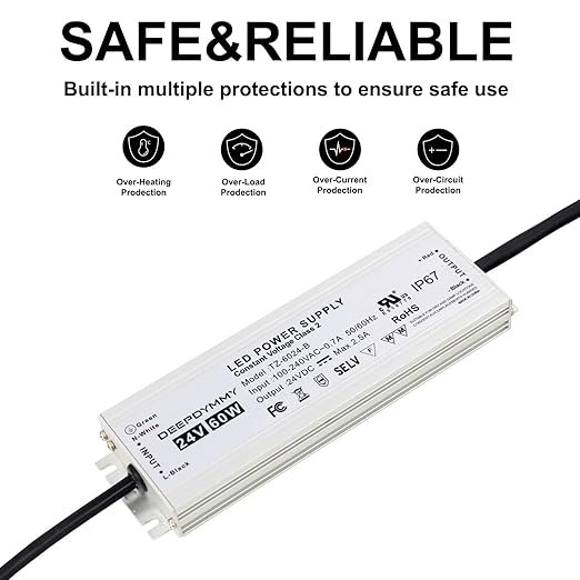24V DC Power Supply 60W - Ultra Slim LED Driver Low Voltage Transformer with 3-Prong Plug & 3.3ft Cable, IP67 Waterproof for LED Strip Lights, Outdoor Lighting