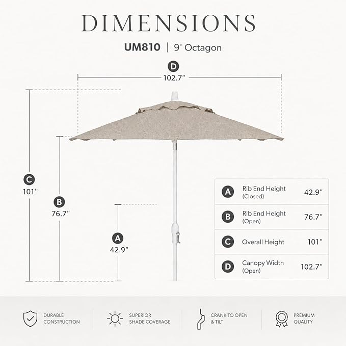 Treasure Garden 9ft Patio Umbrella - Outdoor Furniture Market Umbrella – Deluxe Auto-Tilt – White Aluminum Frame (Sunbrella, Cast Silver)