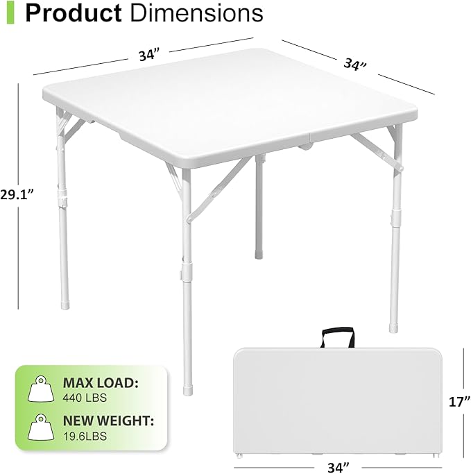 34" Square Folding Table, Plastic Card Table with Carrying Handle, Fold-in-Half Utility Portable Dining Tables Indoor Outdoor for Kitchen, Party, Picnic, Camping, Office, Wedding, White