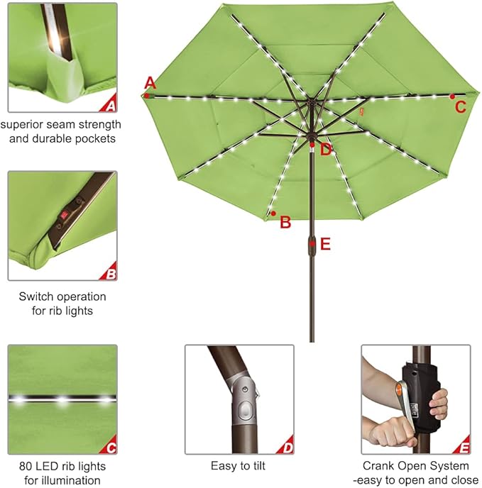 EliteShade USA 10-Year-Non-Fading 9ft 3-Tier Market Patio Umbrella, Commercial Table Umbrella with 80 Solar LED Lights, Crank Open, Windproof & UPF 50+ UV Protection for Garden, Deck, Pool, Backyard, Macaw Green