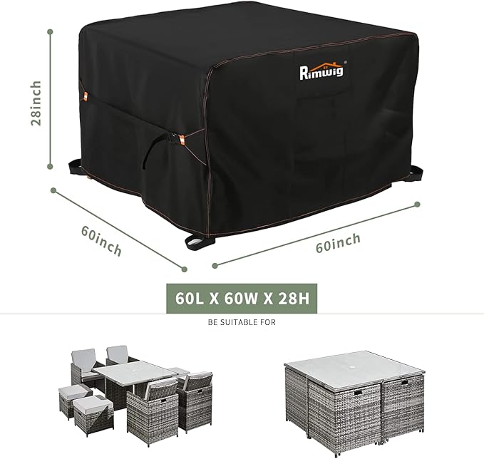 Patio Furniture Set Cover Waterproof, Square Outdoor Table and Chair Set Covers, Heavy Duty Outside Weatherproof Garden Rattan Set Covers 60" L x 60" W x 28" H Black