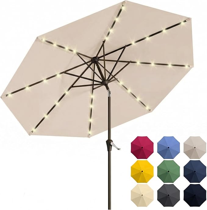 10FT Solar Patio Umbrella with Lights, Outdoor Table Market Umbrella with 32 LED Lights, 8 Sturdy Ribs, Push Button Tilt and Crank for Pool, Deck and Garden, UV-Resistant