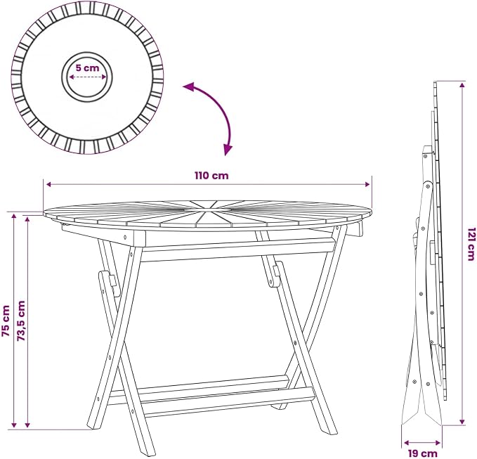 vidaXL Folding Garden Table Beige Ø 110 x 75 cm Solid Teak Wood, Round Folding Table, Modern Design, Outdoor Dining, Space-Saving Furniture, Teak Wood, Collapsible Garden