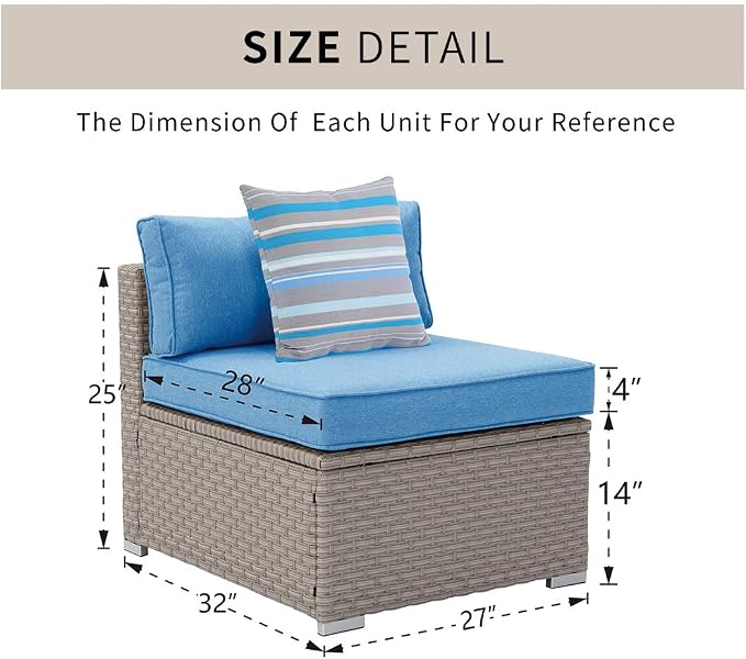 HOMPUS Outdoor Patio Furniture Warm Gray Wicker Armless Chair w Blue Cushion w 1 Stripe Pillow for Garden, Pool, Backyard