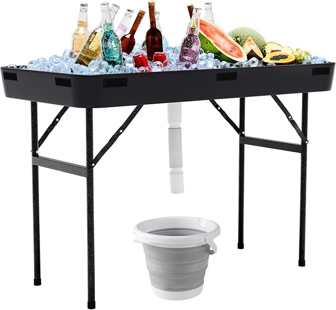 S AFSTAR 4 Foot Ice Tables for Parties with Drain, Folding Cooler Table Outdoor with Foldable Bucket, Removable Skirt, Portable Chill Cooler for Drinks Beverages, Party Ice Bin Table for BBQ Wedding