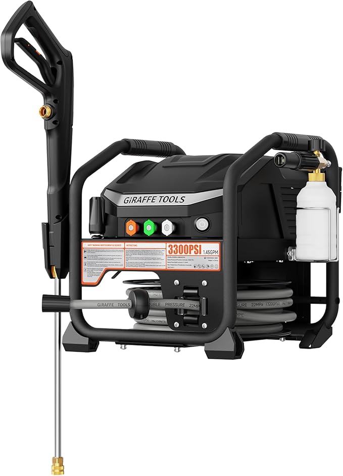 Giraffe Tools Crossfalls Retractable Pressure Washer Max, 3000PSI, 1.45GPM, 1800W Induction Motor, Wall Mounted Electric Power Washer with 50ft Pressure Hose, 4-Nozzles, Foam Cannon, Automatic Rewind