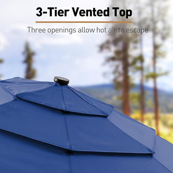 COSIEST 10FT 3 Tiers Patio Umbrella with Solar Lights, LED Outdoor Umbrellas with 8 Sturdy Ribs, Market Patio Table Umbrella with Push Button Tilt, Pool Umbrellas for Garden, Pool, Backyard