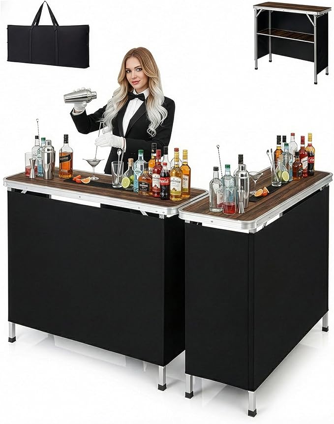Outvita Portable Bar Table, 2pcs Outdoor Folding Mobile Bar Counter with 2 Tier Shelves and Black Skirt for Wedding Party Birthday Commercial Activity Musical Festival 39 "L x 34" H