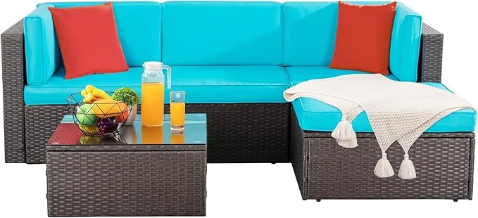 Shintenchi 5 Pieces Patio Furniture Sets Outdoor All-Weather Sectional Patio Sofa Set PE Rattan Wicker Patio Conversation Set with Glass Table&Ottoman Cushion, Blue