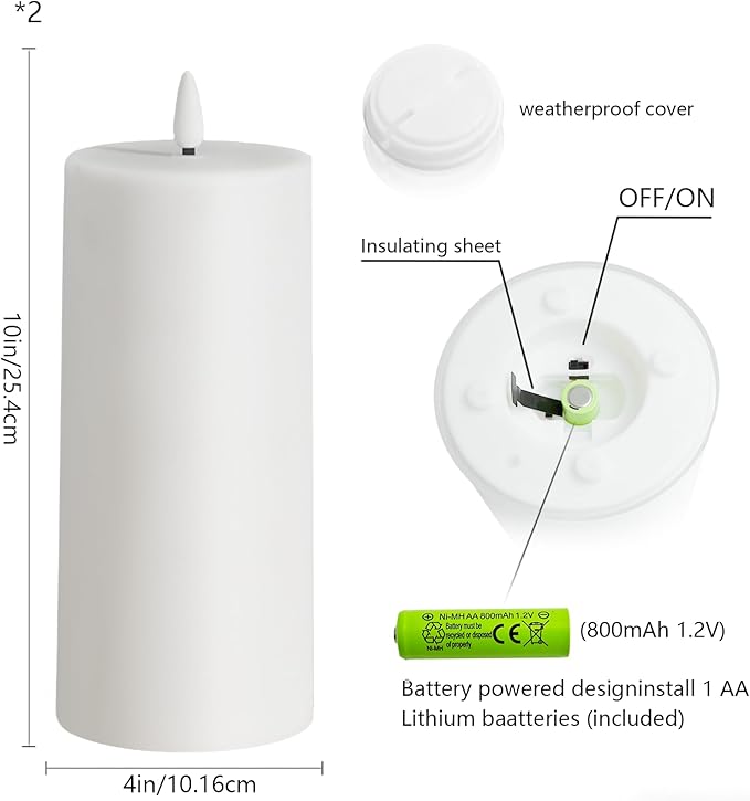 kakoya Large Solar Flameless Candles Outdoor Waterproof 10" x 4",2Pcs LED Pillar Candles Included Rechargeable Solar Battery with Embedded Star String for Outdoor Porch,Patio Decor(White)