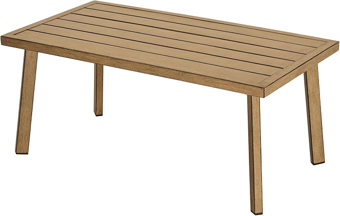 Patio Coffee Table, Never-Rust Aluminum Outdoor Coffee Table with Wood Grain Texture, Modern Rectangle Garden Coffee Table with Slatted Tabletop for Porch, Decks, Indoor, Balcony, Teak