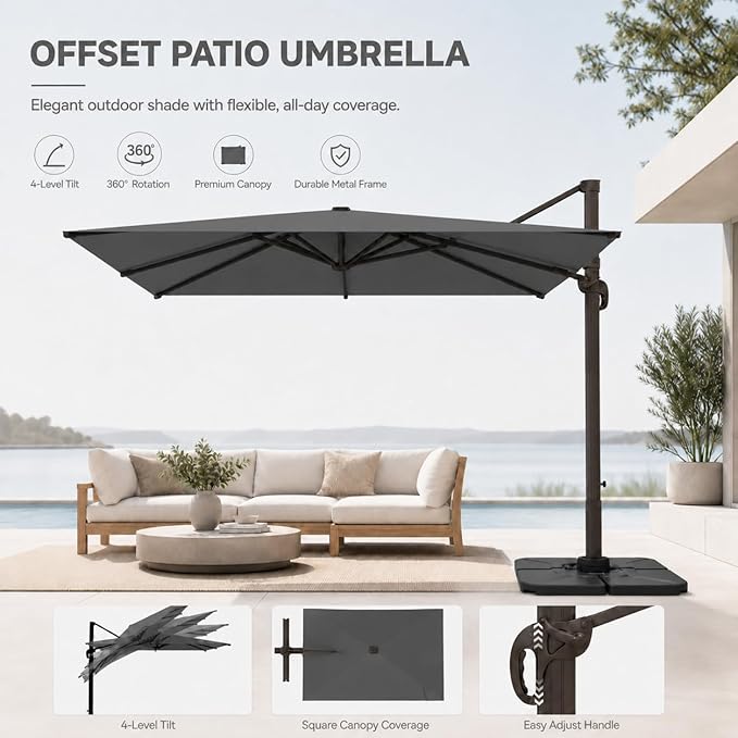 Cantilever Patio Umbrella, Large Square Outdoor Offset Umbrella with Aluminum Pole, 360-degree Rotation for Garden, Deck, Pool