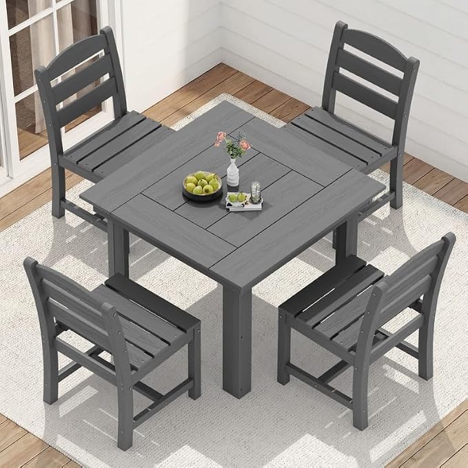 KINGYES 5-Piece HDPE Outdoor Dining Set for 4, Square Patio Table & Armless Chairs with Umbrella Hole, All-Weather Patio Dining Set for Backyard, Garden, Lawn & Poolside, Gray
