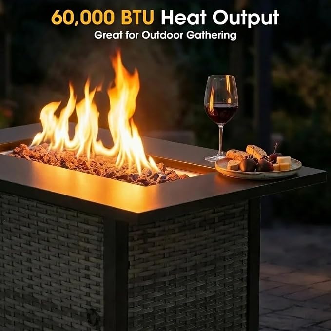 Rectangular PE Rattan Propane Fire Pit Table, 41 Inch Outdoor 50000 BTU Gas Firepit Table with Metal Tabletop & Lava Rocks, All Weather Patio Fire Pit for Backyard Garden Deck Porch
