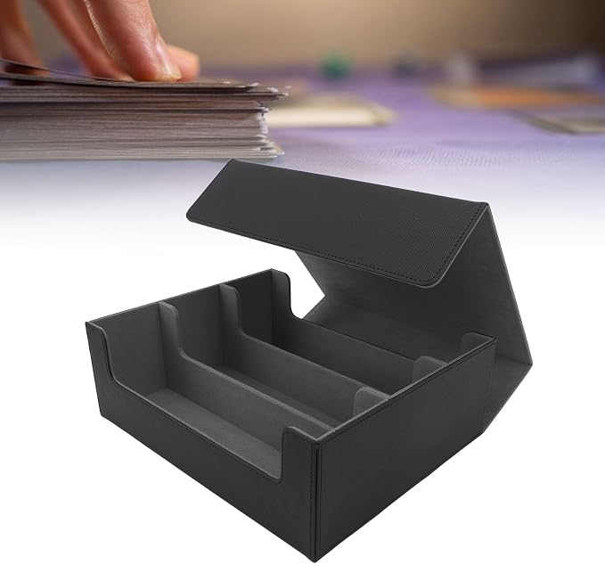 RiToEasysports Card Deck Box, 3 Rows Large Capacity Magnetic Closure Card Deck Case PU Leather Divider Box Storage Case for Game Cards Tarot Cards (Black Shell with Grey