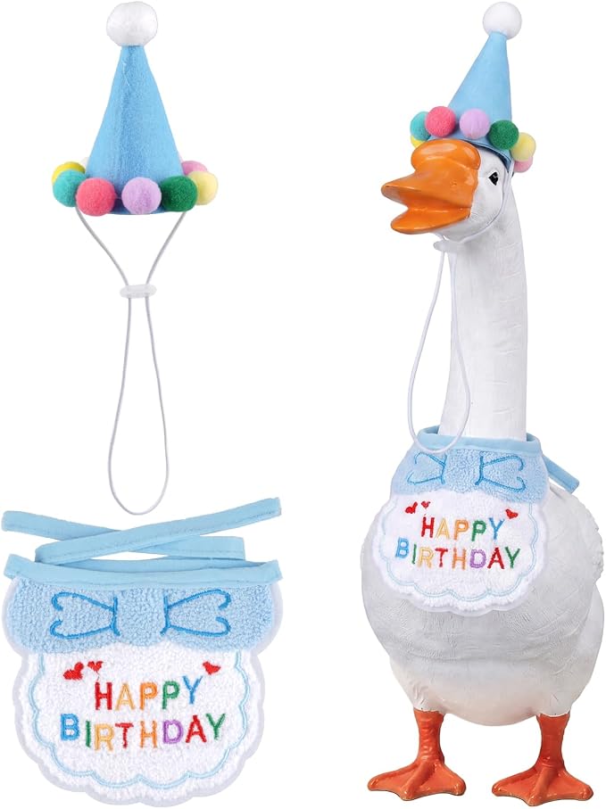 Jmkcoz Birthday Porch Goose Outfits Lawn Goose Statue Costume with Party Hat Bandana for 23" 17" Cement Plastic Statue Patio Yard Garden Outdoor Decor (Blue)