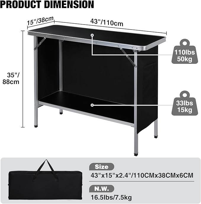 REDCAMP Portable Double Bar Table with Multi-Color LED Lights, Pop Up Folding Mobile Bar Bartender Station Podium Table for Events, Party, Camping, Tradeshow, Exhibition, Easy Setup, Black,43"x33"x15"