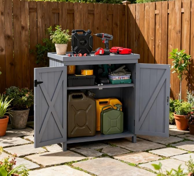Wood Outdoor Storage Box and Deck Box with Galvanized Metal Top, Farmhouse Style Patio Cabinet with Shelves for Yard Tools & Cushions, Weather-Resistant Finish, 31.5 x 17.8 x 36.3 Inches, Grey