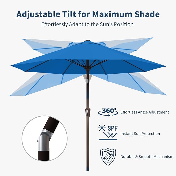 10FT Patio Umbrella Outdoor Market Umbrella with Crank and Tilt, 8 Flexible Fiberglass Ribs, UV-Resistant Waterproof Canopy for Patio, Deck, Garden, Backyard, Royal Blue