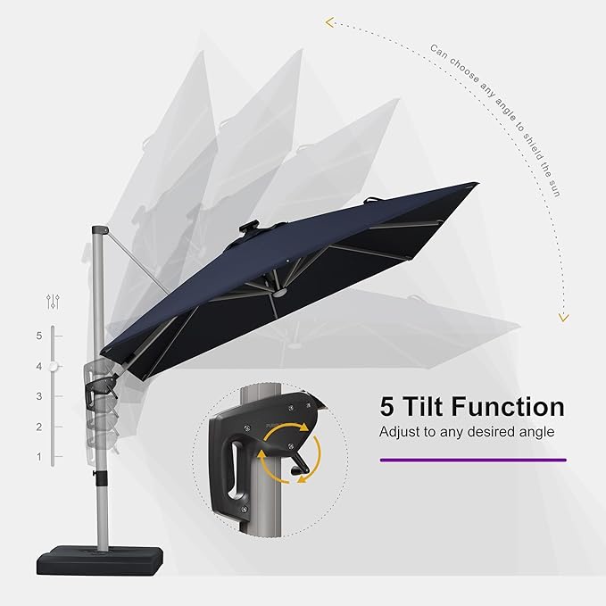PURPLE LEAF 10 Feet Patio Umbrella with Lights Outdoor Square Cantilever Umbrella Solar Powered LED with 360-degree Rotation for Garden Deck Pool Patio,Navy Blue
