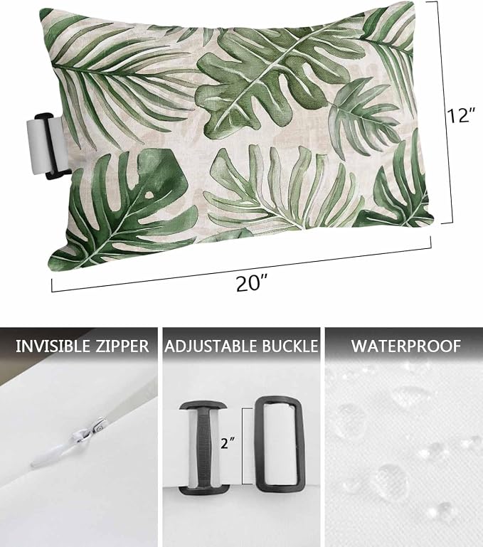 Pack of 2 Outdoor Lumbar Pillow Covers 12x20 Inch, Green Monstera Deliciosa Waterproof Throw Pillow Covers Set, Summer Botanical Tropical Vintage Decorative Cushion Cases for Patio Porch Car