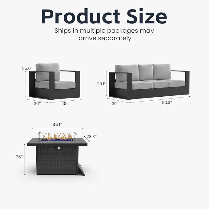 3 Pieces Patio Furniture Set with Fire Pit Table, Metal Modern Conversation Set with Deep Seating and Widened Aluminum Frame for Deck, Porch, Garden