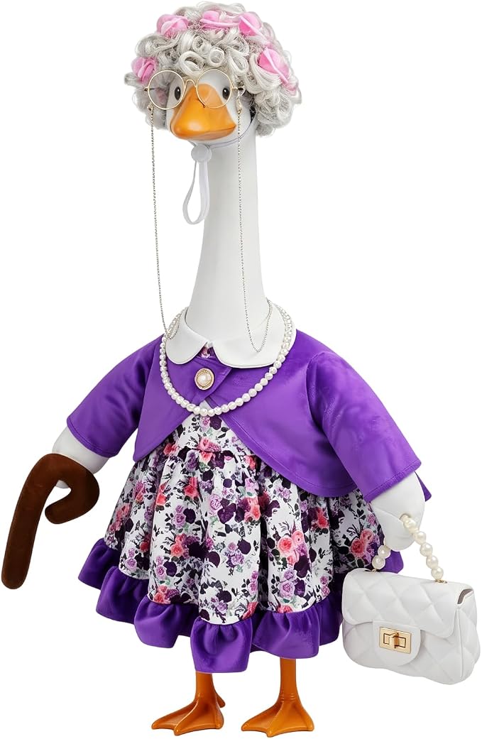 Old Lady Porch Goose Outfits for 23 inch Goose Statue, Grandma Porch Goose Clothes with Goose Wigs, Eyeglass, Pearl Necklace & Bag for Outdoor, Lawn, Yard, Patio, Garden Decor