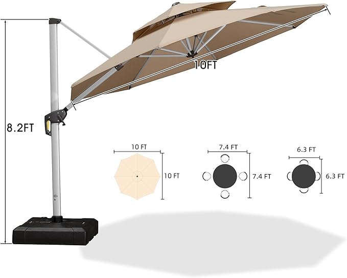 PURPLE LEAF 10 FT Cantilever Patio Umbrellas with Base Included, Large Round Offset Umbrella with 360° Rotation, Outdoor Aluminum Pool Umbrella for Pool Lawn Garden, Beige