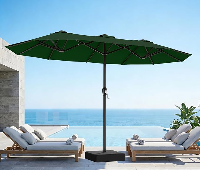 AreShark 15ft Patio Umbrella with Base, Double Sided Outdoor Umbrella with 12 Fiberglass Ribs, Large Outdoor Umbrella for Garden, Pool, Deck, Backyard & Market, Dark Green