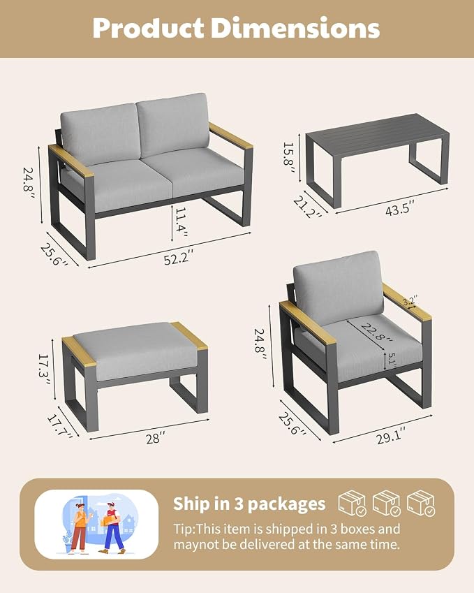IDEALHOUSE Aluminum Patio Furniture Set, 6 Seats Outdoor Patio Conversation Sets with Coffee Table, 6 Pieces Metal Conversation Sectional Furniture Sofa for Balcony, Garden, Deck, Backyard,Gray