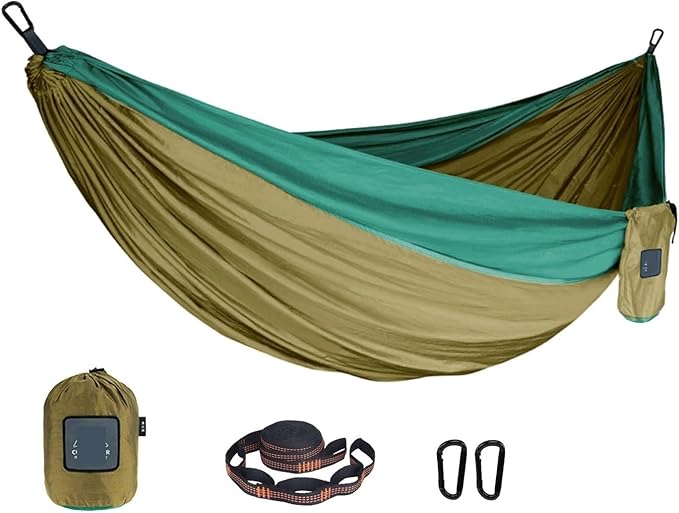 Hammock Portable Nylon Parachute Fabric Single and Double Size Outdoor Camping Hiking Garden Hammock Quick-Opening(Double Green 2)