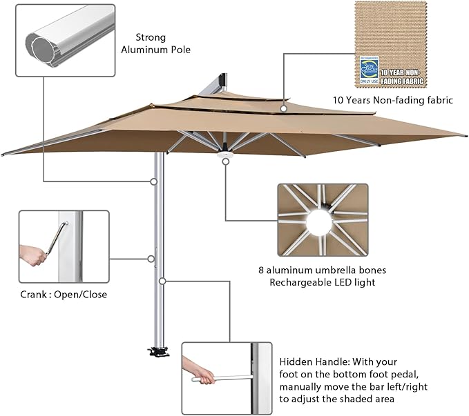 EliteShade USA Atlas 3-Tier 10x13FT Full Aluminum Cantilever Patio Umbrella for Outdoor Restaurant Garden Courtyard Deck Pool and Marketing with Light (No battery), Heather Beige