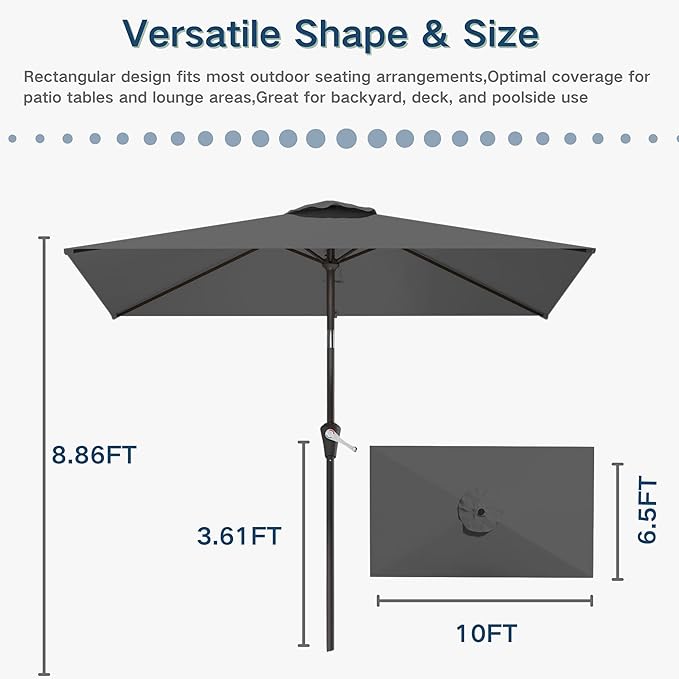 6.5'x10' Rectangular Patio Outdoor Umbrella,Large Coverage with Push-Button Tilt & UV Protection,Sturdy Ribs for Deck,Lawn,Pool,Backyard