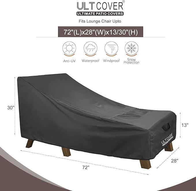 ULTCOVER Waterproof Patio Lounge Chair Cover Heavy Duty Outdoor Chaise Lounge Covers 2 Pack - 72L x 28W x 30H inch, Black