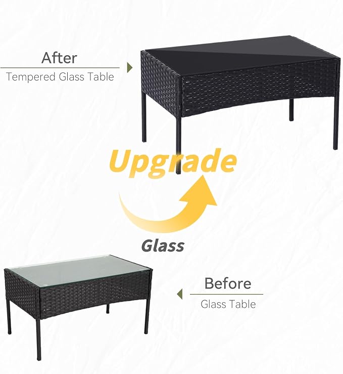 Patio Furniture Set 4 Pieces Conversation Sets Outdoor Wicker Rattan Chairs Garden Backyard Balcony Porch Poolside Loveseat with Soft Cushion and Tempered Glass Table(Black)